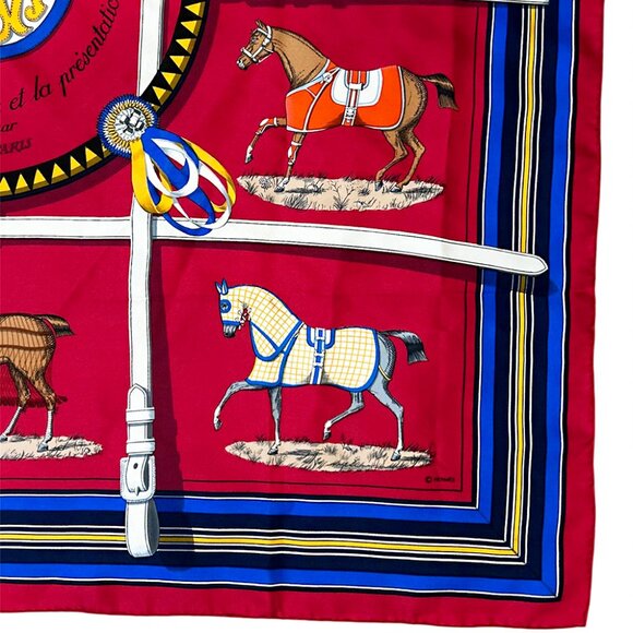 Hermès Scarf Red Couvertures Tenues Jour Horse Equestrian 100% Silk - Picture 8 of 13
